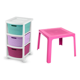 Combo Cajonera Infantil Rimax Niña 3 Cajones y Mesa Infantil Pequeñín Rosado