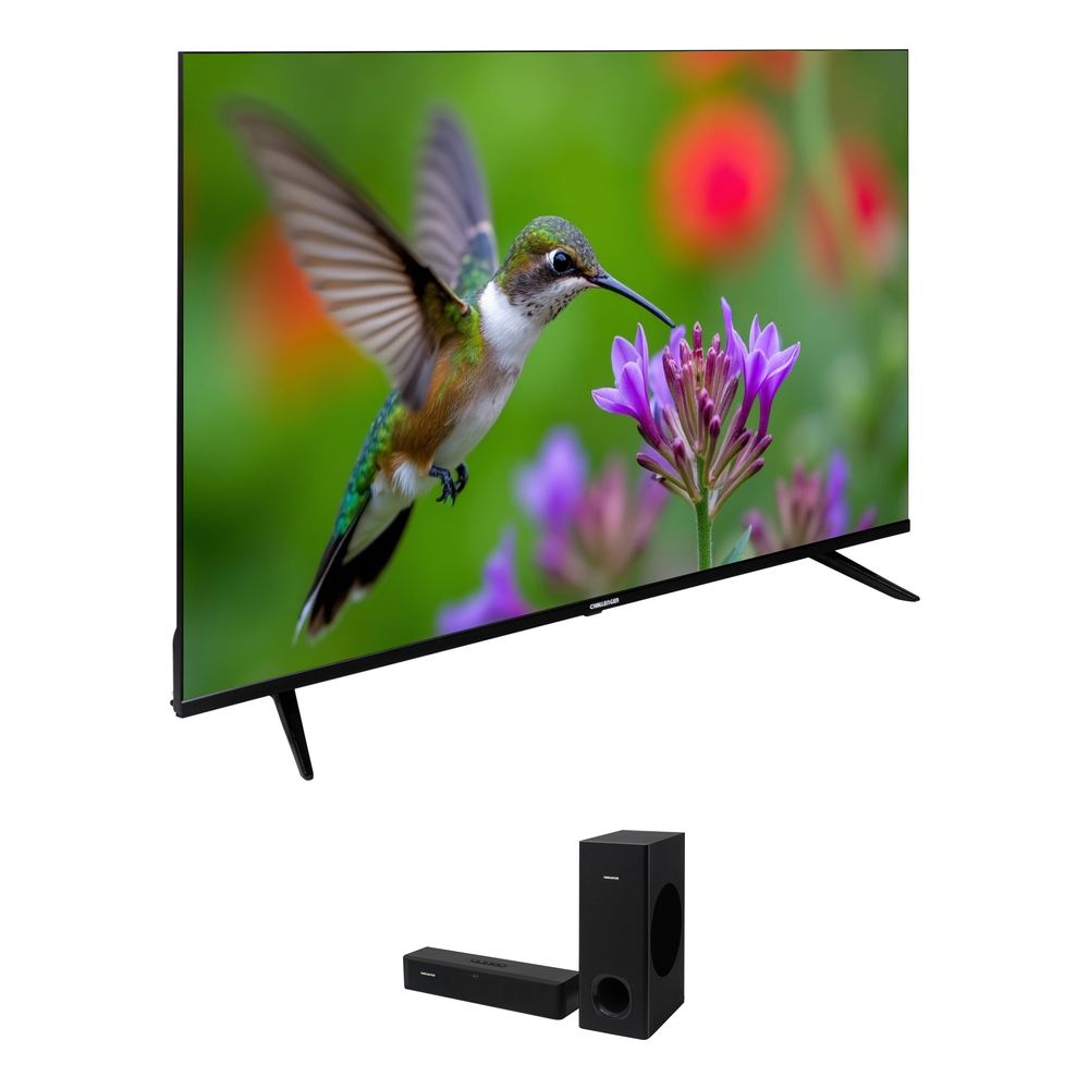 Combo Televisor Challenger 58" QLED 4K y Barra de Sonido con Subwoofer
