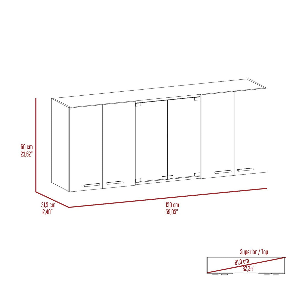 Mueble Superior de Cocina Blanco 150x150cm con Dos Entrepaños y con Seis Puertas - Muebles Superiores | Bylmo