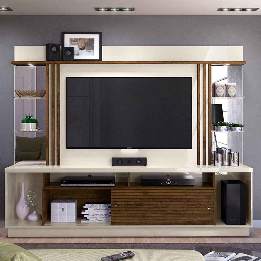Centro de Entretenimiento Frizz Gold Blanco y Cafe 230 cm con Dos Puertas y Entrepaños de Vidrio - Muebles para TV | Bylmo