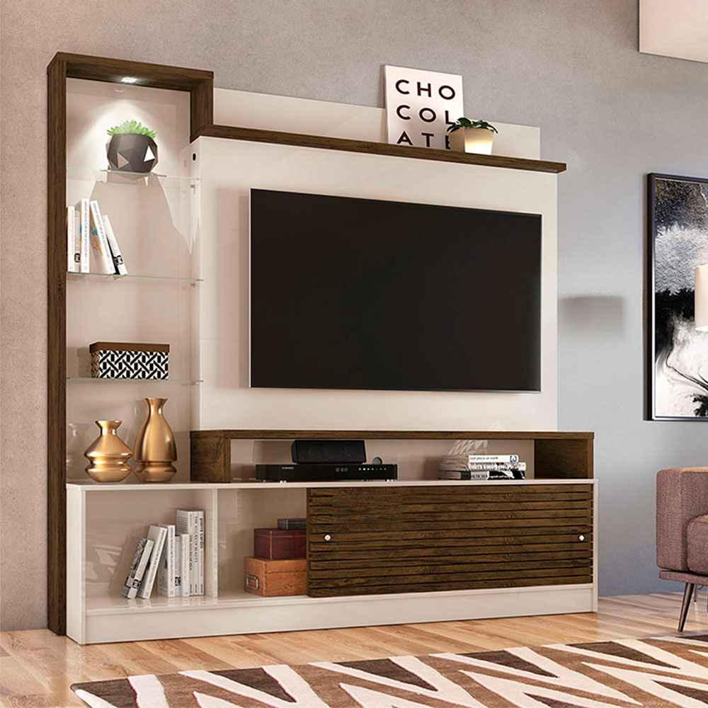 Centro de Entretenimiento Frizz Blanco y Cafe 183 cm con Dos Puertas y Entrepaños de Vidrio - Muebles para TV | Bylmo