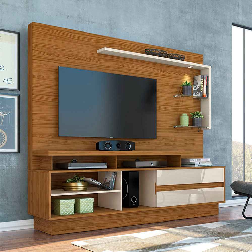 Centro de Entretenimiento Vicente Cafe y Blanco 200 cm con Una Puerta y Entrepaños de Vidrio - Muebles para TV | Bylmo