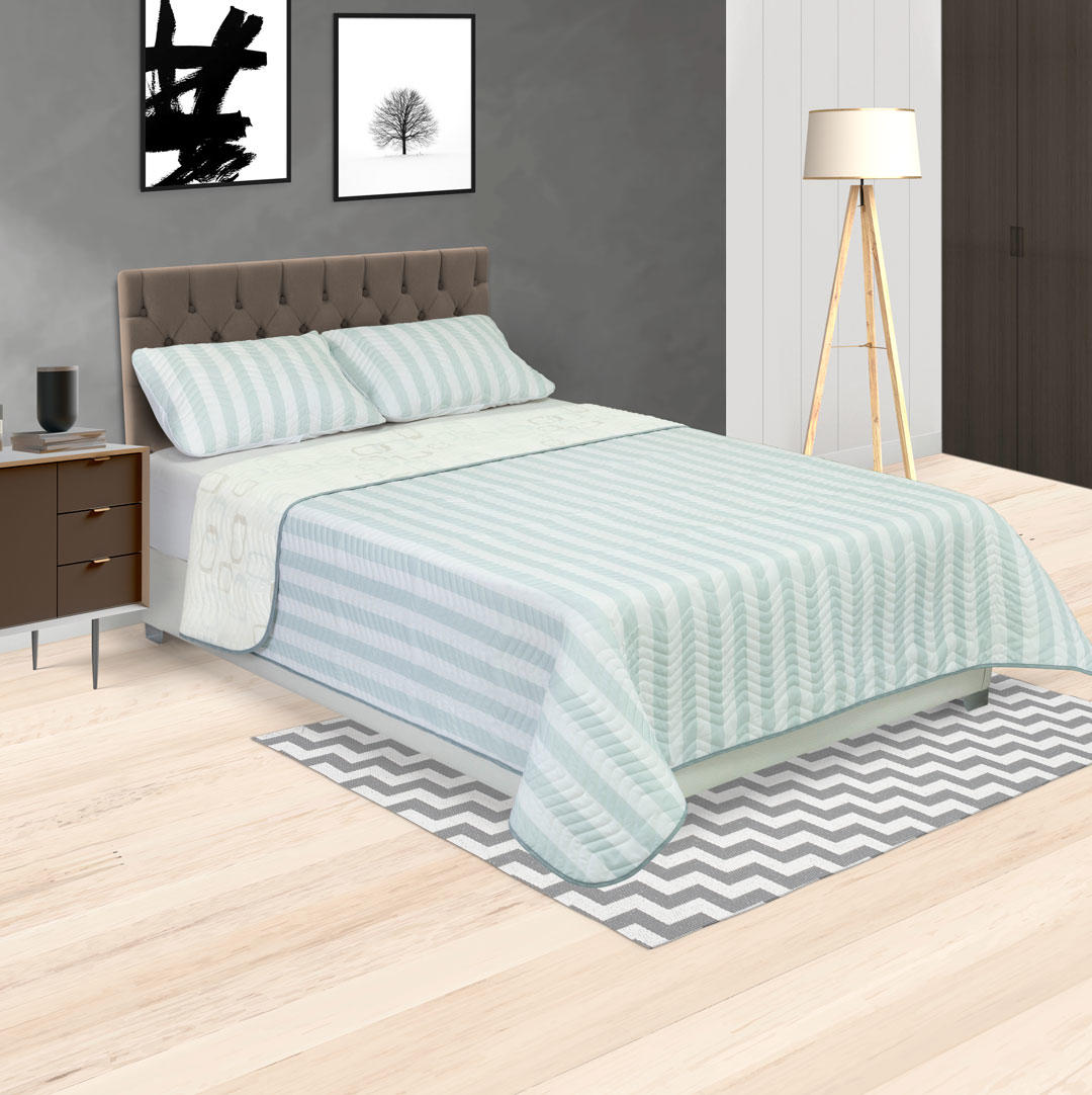 Cubrelecho Español Blanco y Azul para Cama King 200 X 200 Cm Doble Faz de Lineas - Ropa de Cama | Bylmo