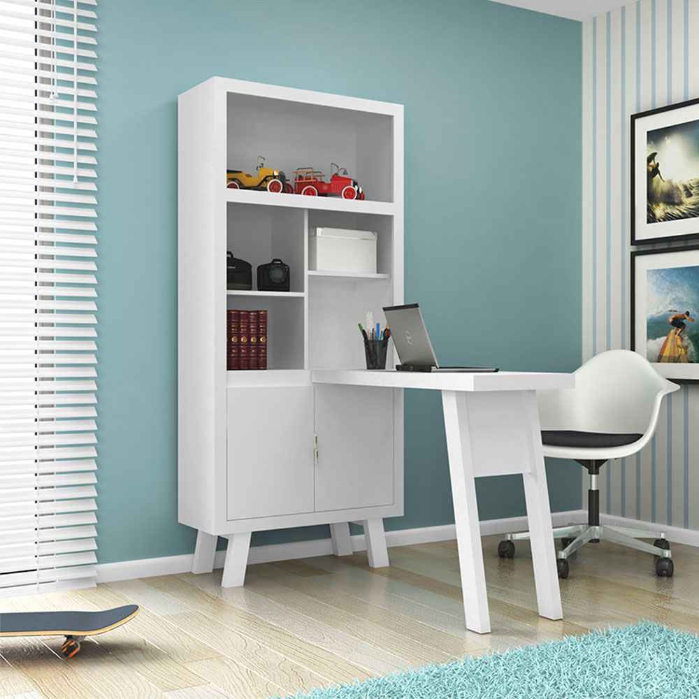 Escritorio en L Milán Blanco 122 cm con Biblioteca y Puertas - Escritorios y Archivadores | Bylmo
