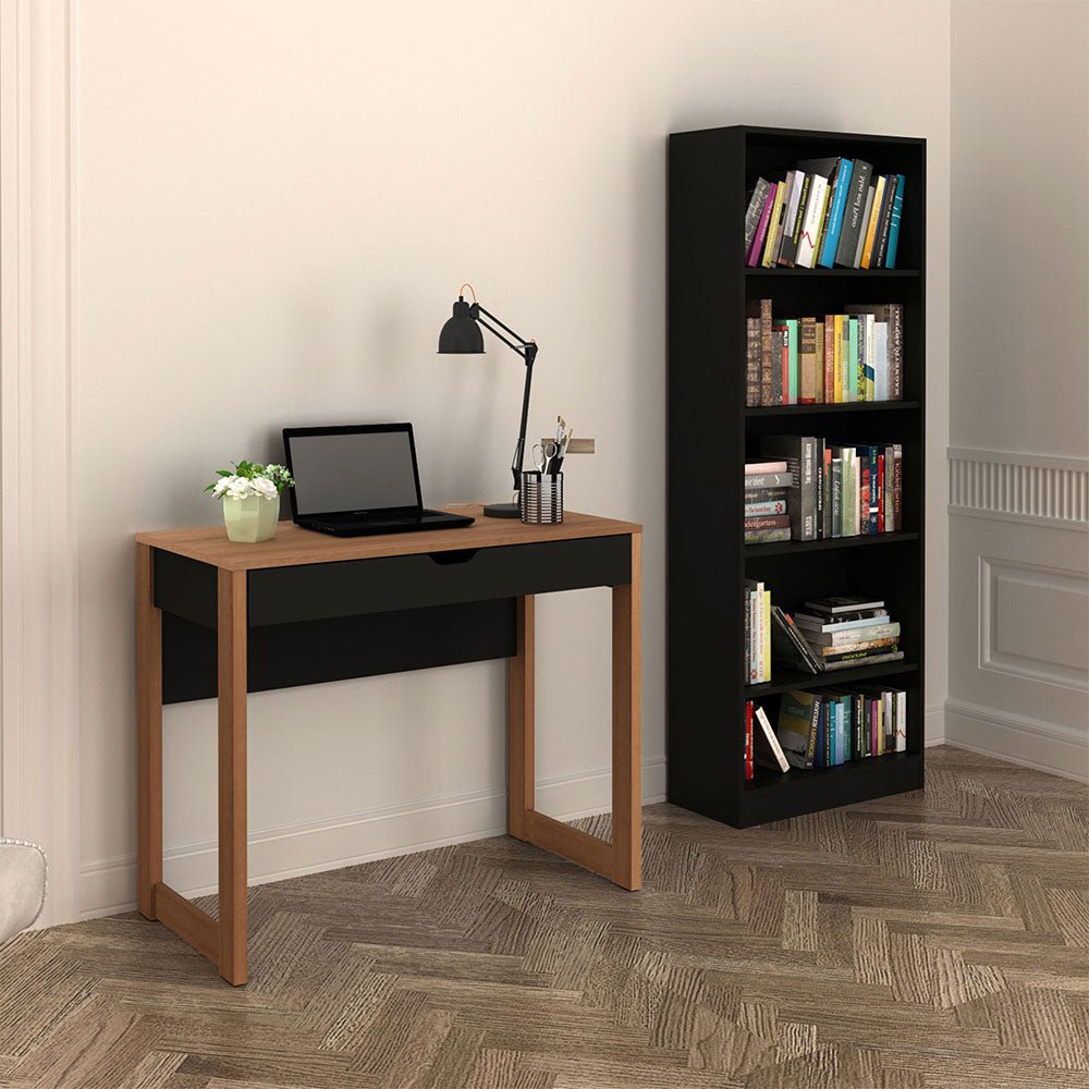Combo Escritorio y Biblioteca Ámsterdam Negro 90 cm con Cajón y Entrepaños - Escritorios y Archivadores | Bylmo