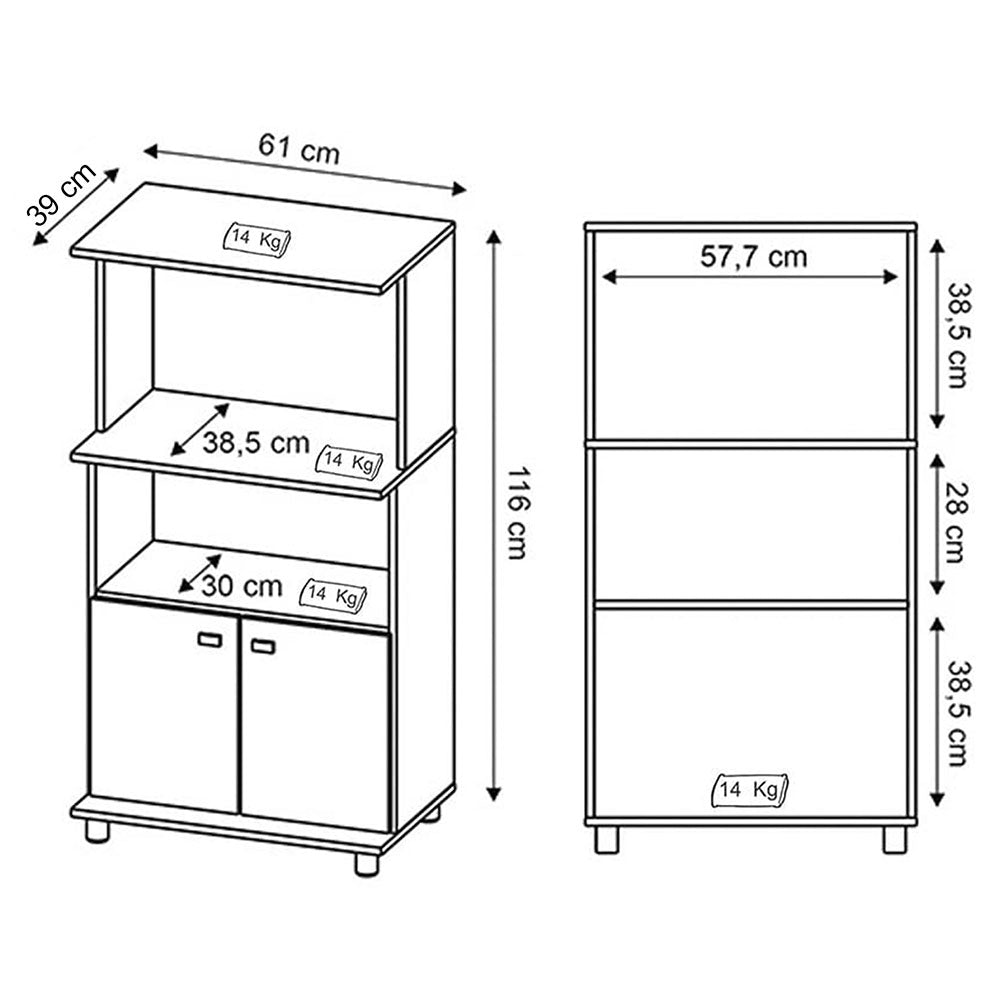 Mueble Auxiliar de Cocina Victoria Blanco 61x116cm con Dos Entrepaños y con Tres Comportamientos - Muebles Organizadores | Bylmo
