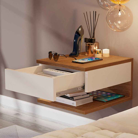 Mesa de Noche Flotante Roma Blanco Apagado y Natural 30x20cm sin Cajones - Mesas de Noche | Bylmo