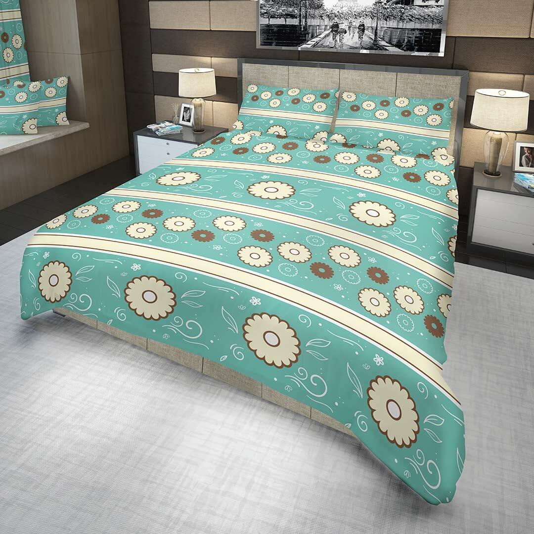 Juego de Sabanas Algodón 180 Hilos King 200 cm Azul con Flores Blancas y Cafes - Ropa de Cama | Bylmo