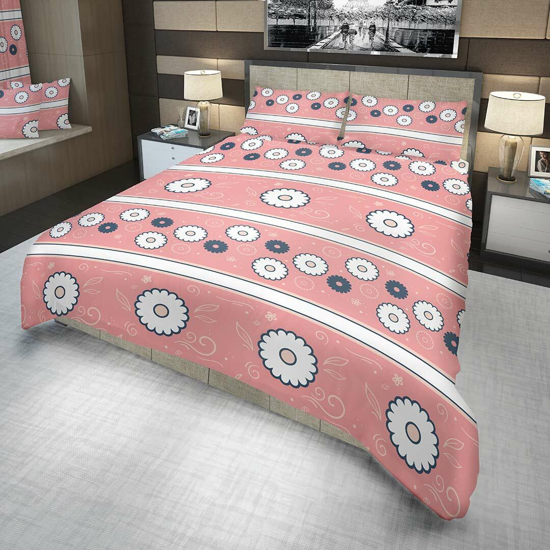Juego de Sabanas Algodón 180 Hilos King 200 cm Rosado con Flores Blancas y Azules - Ropa de Cama | Bylmo