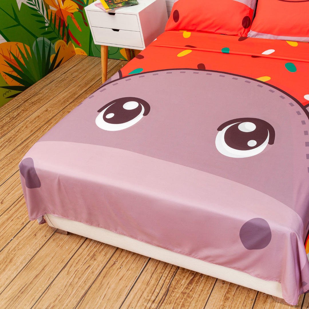 Juego de Sabanas Infantil Microfibra Semidoble 120 cm Rojo de Hipopotamo - Ropa de Cama | Bylmo