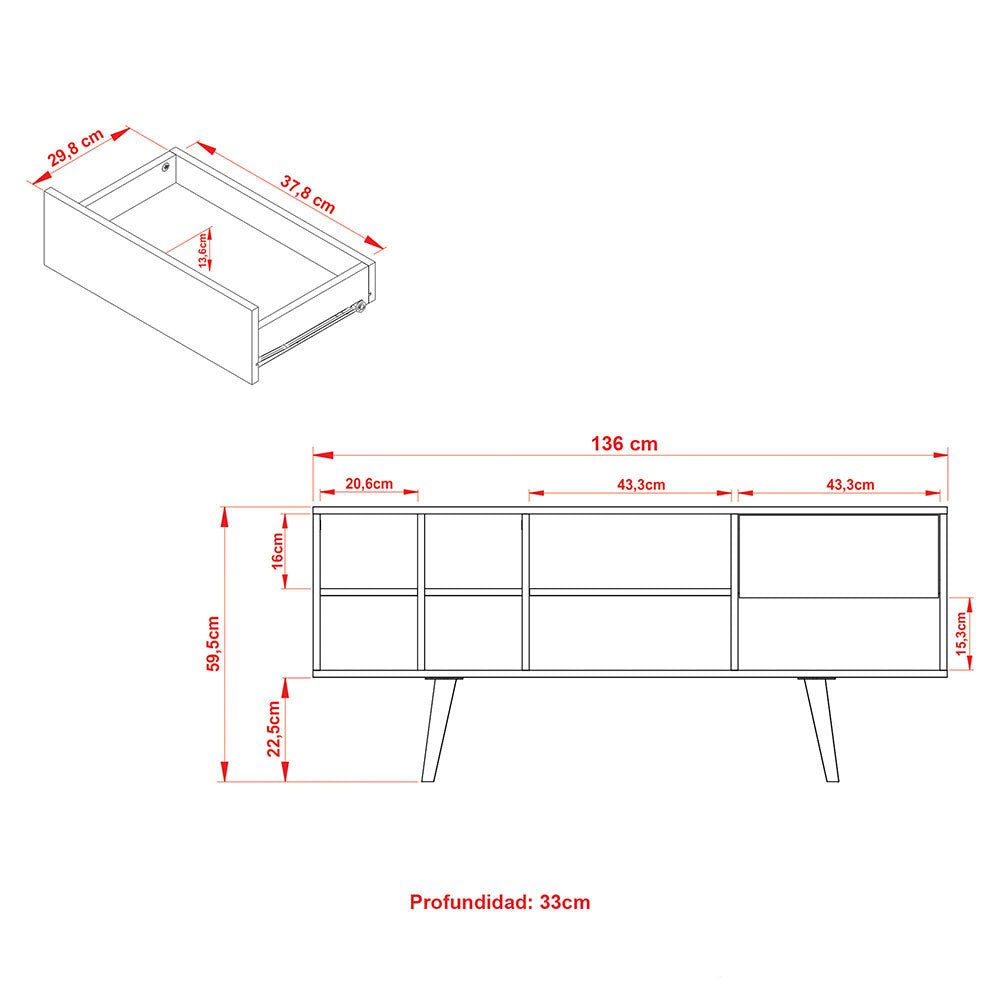 Rack Chile Negro y Almendra 136 cm con Un Cajón - Muebles para TV | Bylmo