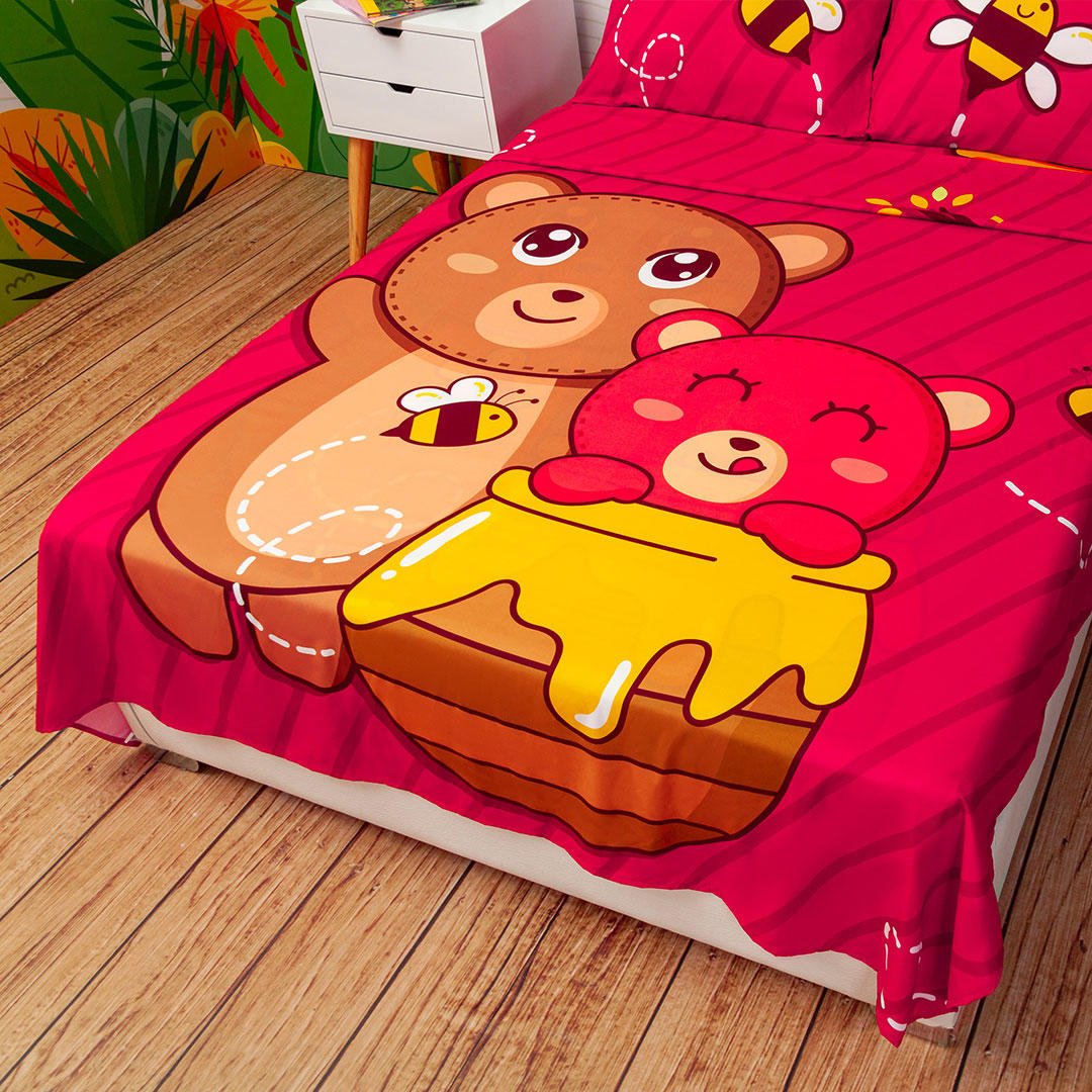 Juego de Sabanas Infantil Microfibra Semidoble 120 cm Fucsia de Osos y Abejas - Ropa de Cama | Bylmo