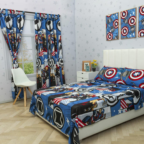 Combo Juego de Sabanas y Cortina Infantil Microfibra Doble 140 cm Azul de Avengers - Ropa de Cama | Bylmo