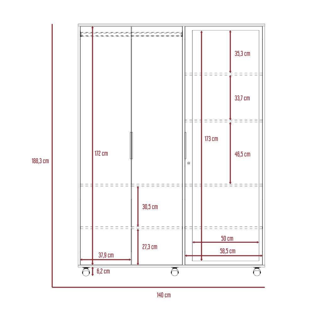 Closet Kaia Rovere 140 cm con Espejo y Tres Puertas - Closets | Bylmo