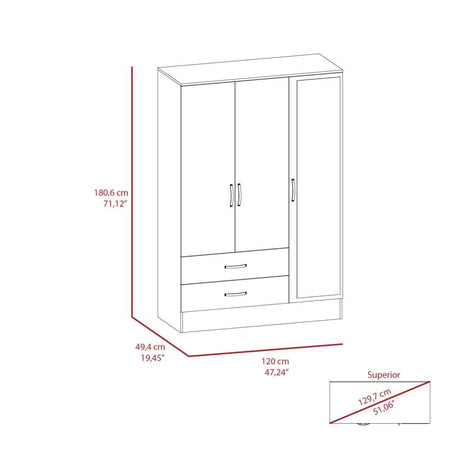 Closet Bolton Ceniza 160 cm con Espejos, Cuatro Puertas y Dos Cajones - Closets | Bylmo