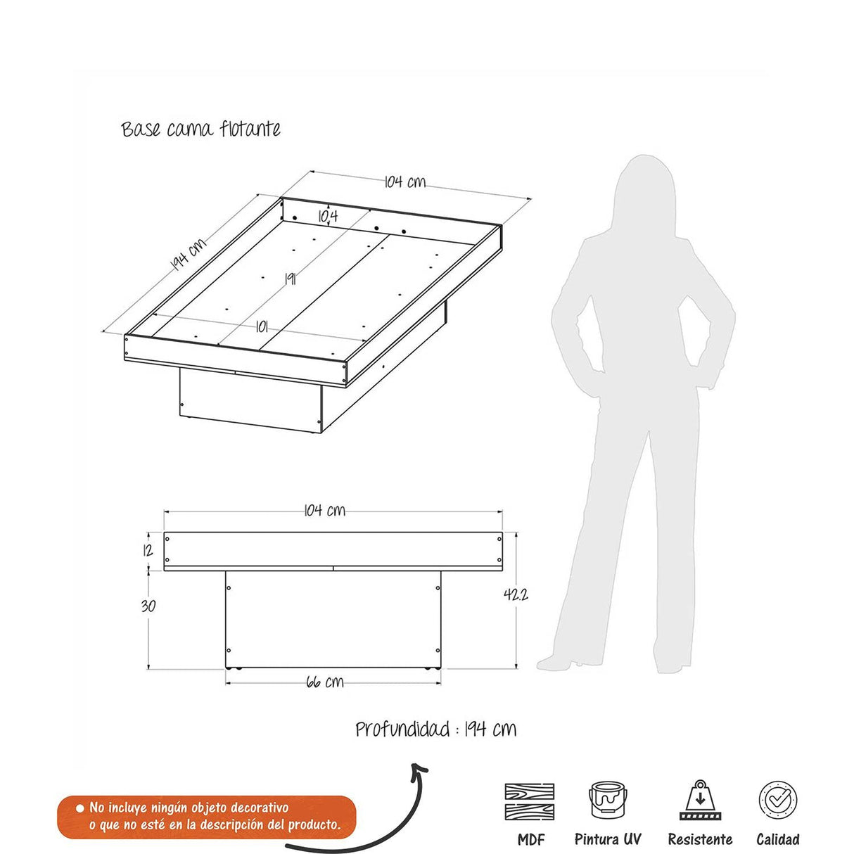 Base Cama Gales 104x42.2cm para Colchón Sencillo 100 X 190 Cm - Camas y Cabeceros | Bylmo