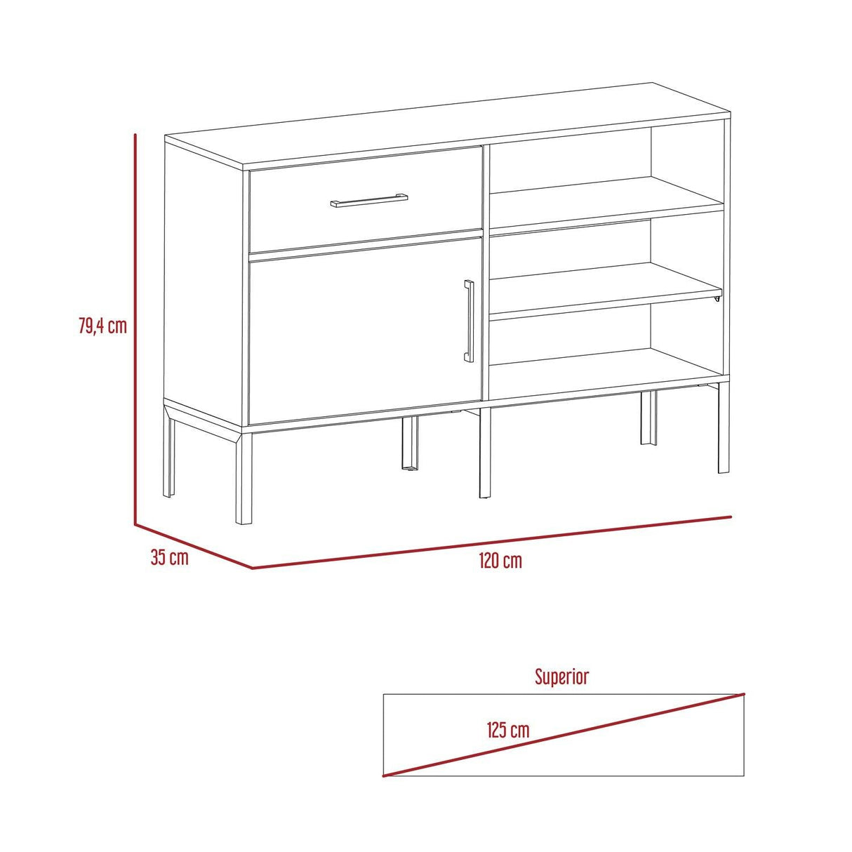 Bifé Soho S Bellota 120x79cm con Cuatro Compartimientos y con Patas - Bifes y Arrimos | Bylmo
