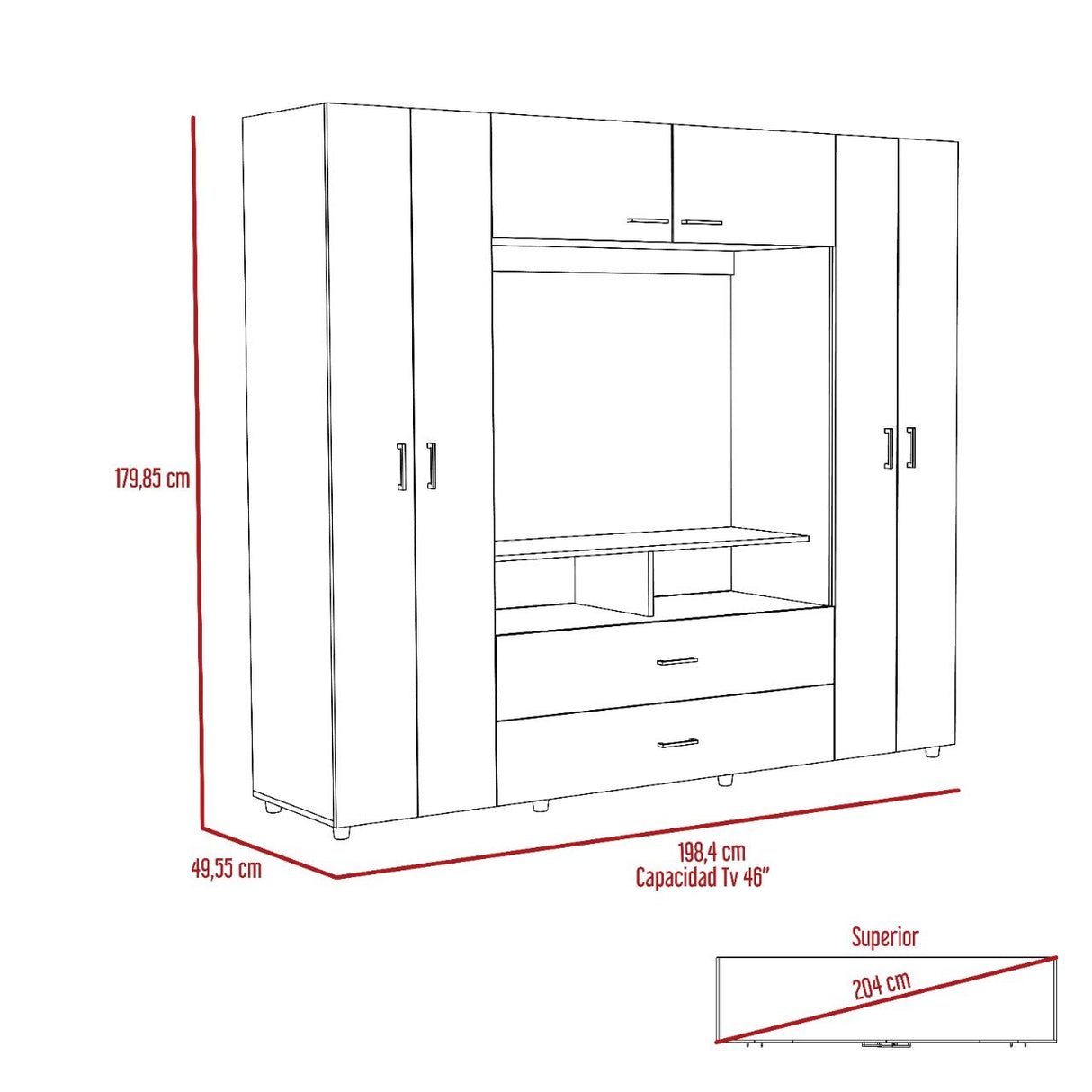 Closet Manila Wengue 198.4x179.9cm con 2 Cajones con 3 Entrepaños con Espacio para TV - Closets | Bylmo