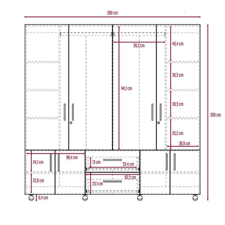 Closet Cantelmo Rovere 200x200cm con 4 Cajones con 8 Entrepaños - Closets | Bylmo