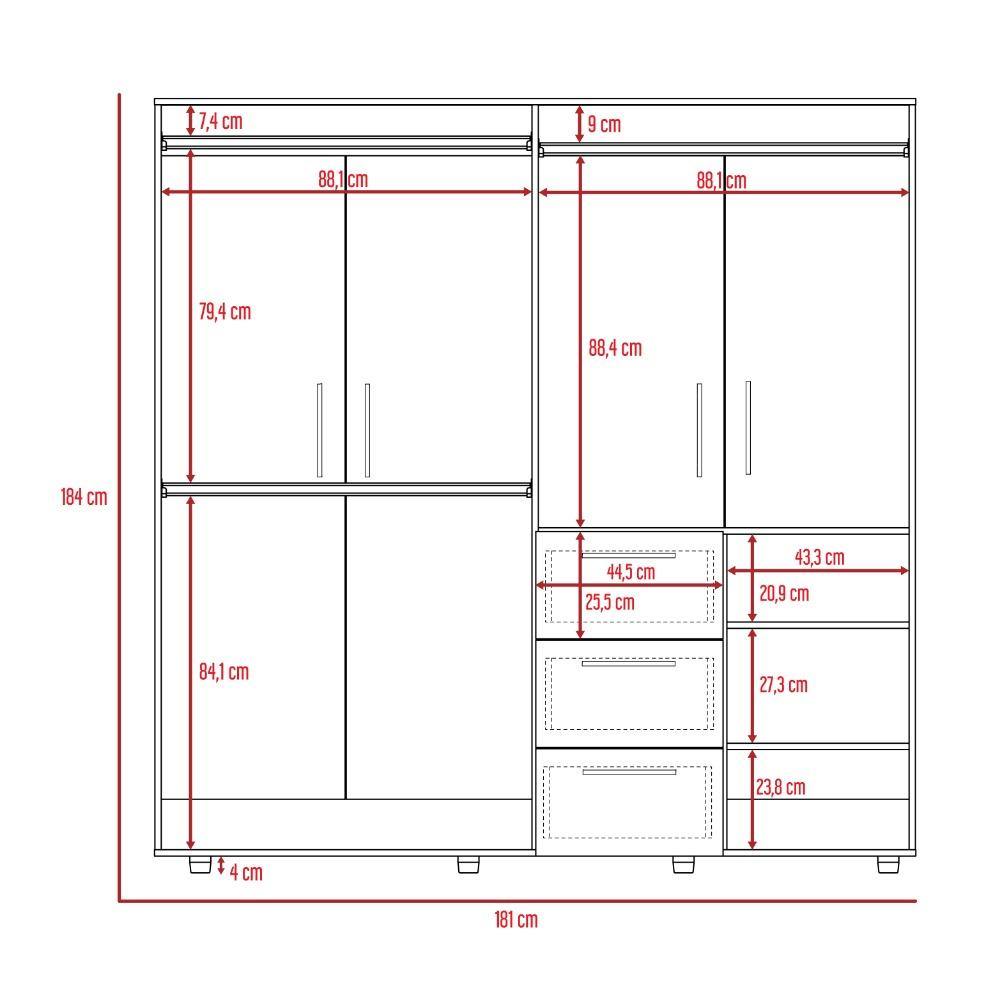 Closet Harlem Rovere 180 cm con Cuatro Puertas y Tres Cajones - Closets | Bylmo