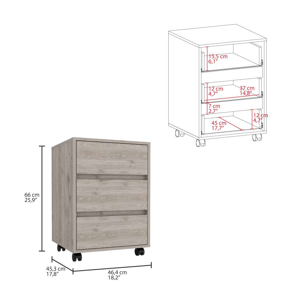 Cajonera Office Ceniza 46 cm con Tres Cajones y Rodachinas - Cajoneras | Bylmo