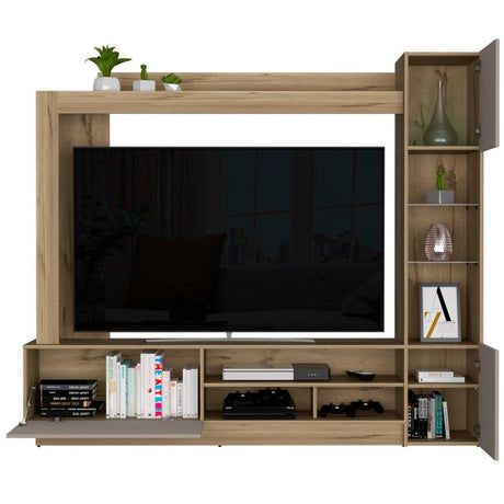 Centro de Entretenimiento Nizza Duna y Taupe 204x175.4cm para TV Hasta 65 Pulgadas y con Nueve Compartimientos - Muebles para TV | Bylmo