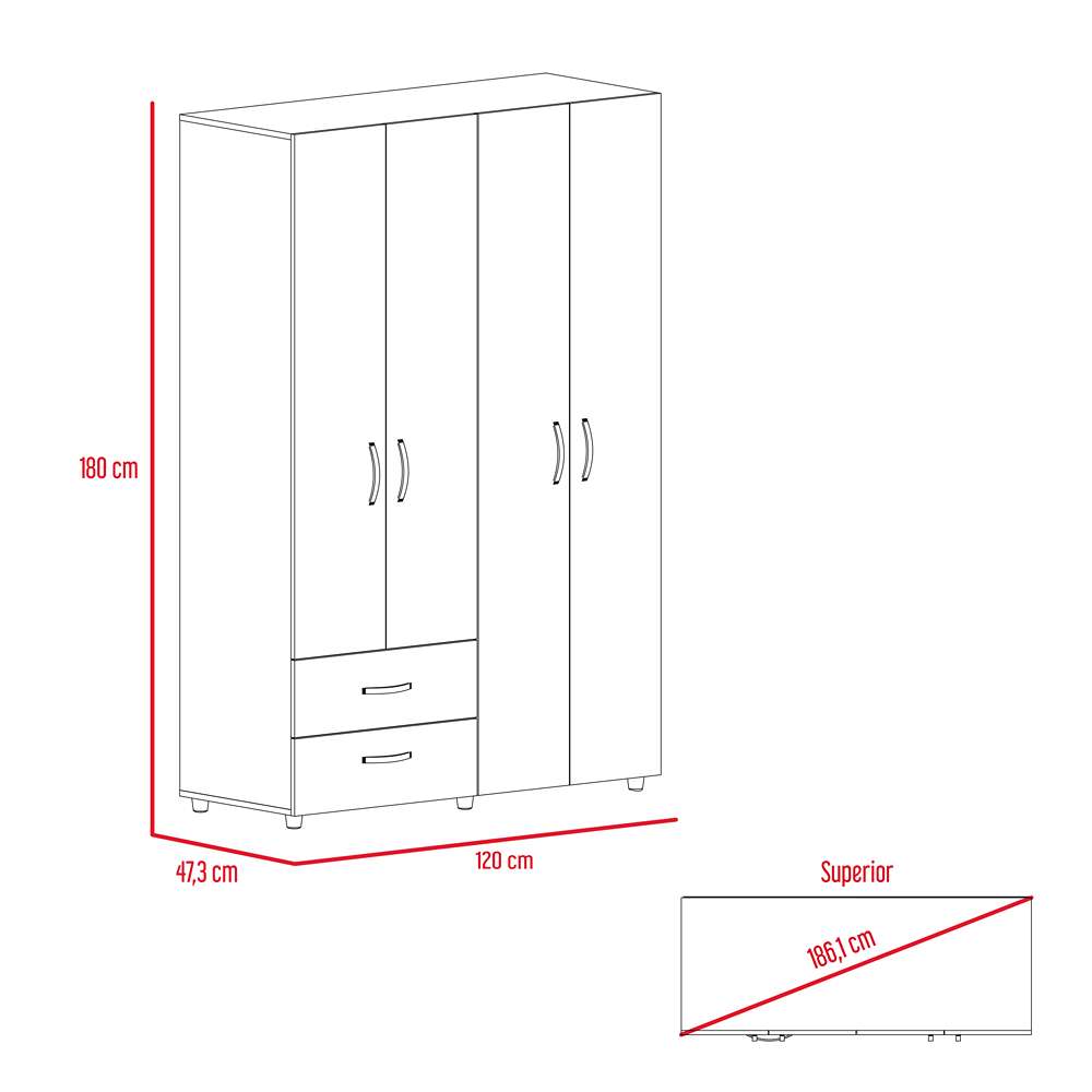Closet Ankora Bellota 120 cm con Cuatro Puertas y Dos Cajones - Closets | Bylmo