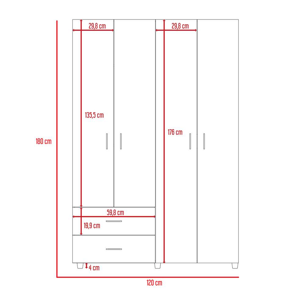 Closet Ankora Coñac 120 cm con Cuatro Puertas y Dos Cajones - Closets | Bylmo