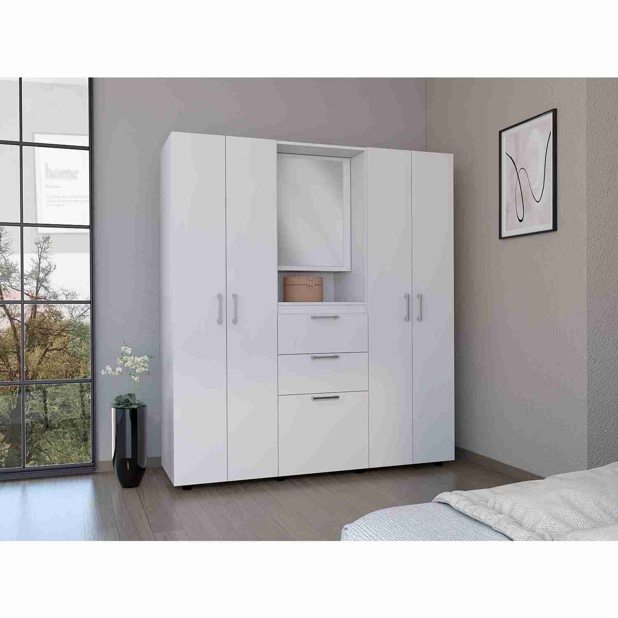 Closet Belton Blanco 160 cm con Dos Cajones, Seis Puertas, Colgadero de Ropa y Espejo - Closets | Bylmo