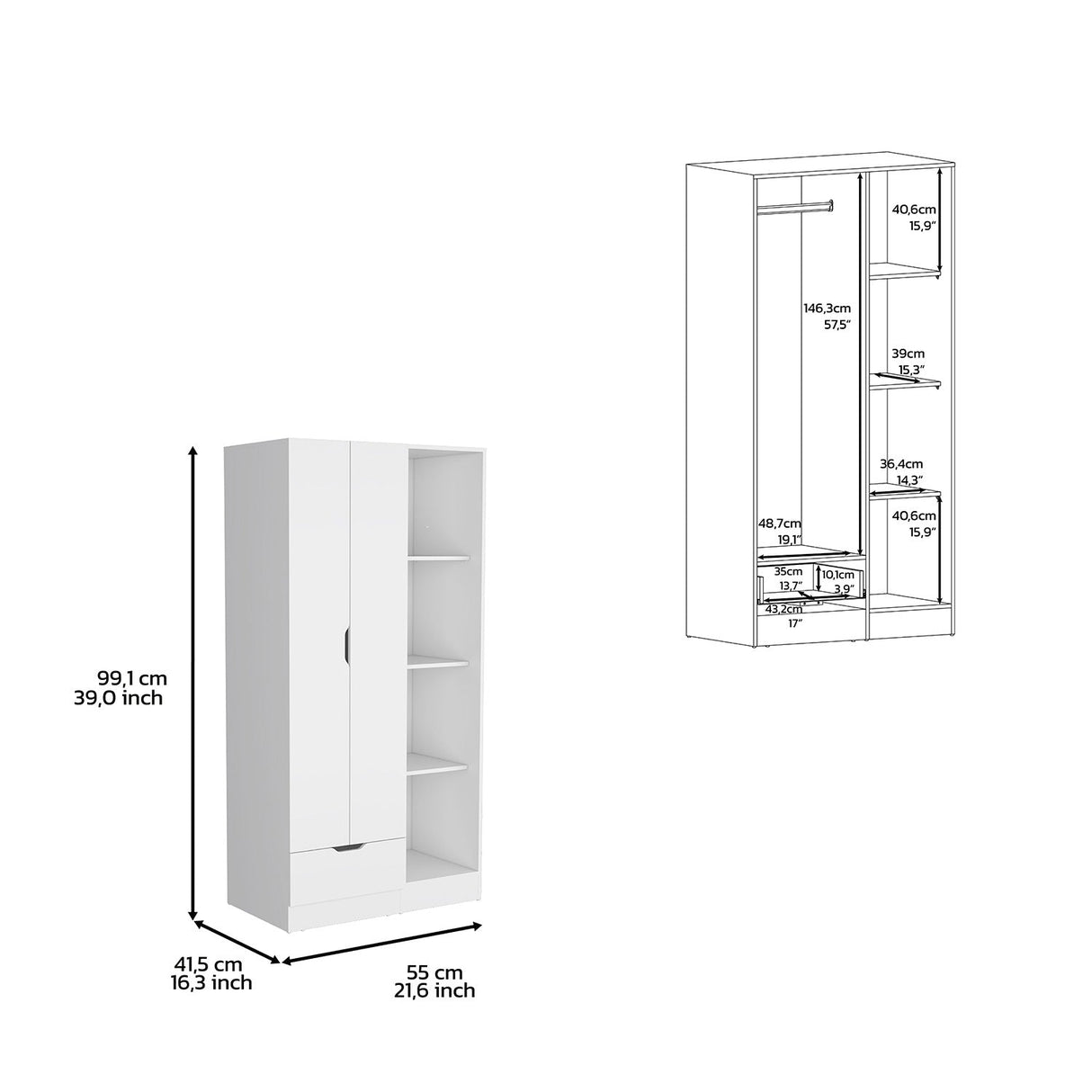 Closet Éclat Blanco 90 cm con Dos Puertas y Un Cajón - Closets | Bylmo