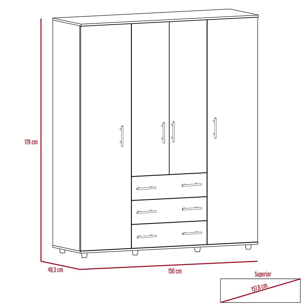 Closet Fontan Bellota 150 cm con Cuatro Puertas y Tres Cajones - Closets | Bylmo