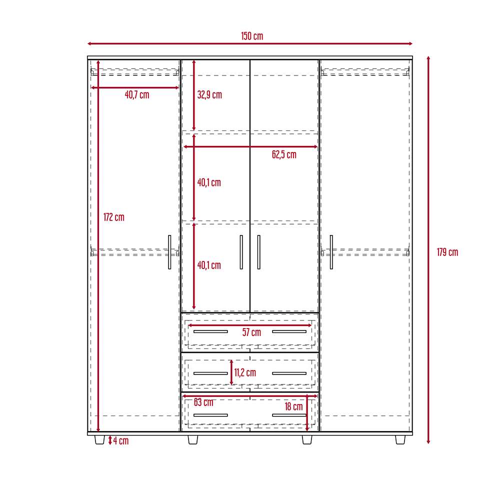 Closet Fontan Bellota 150 cm con Cuatro Puertas y Tres Cajones - Closets | Bylmo