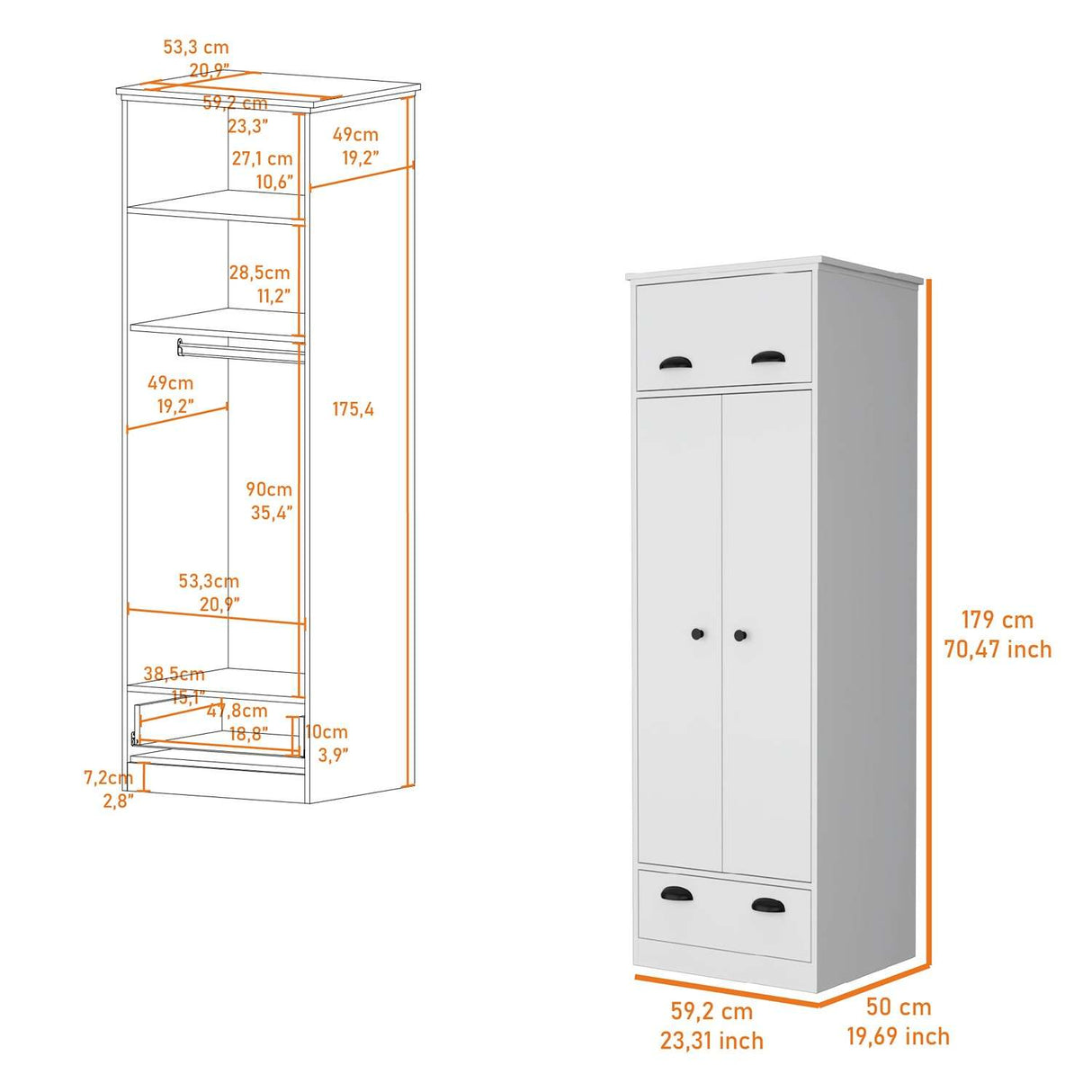 Closet Blanco 59x179cm con 2 Cajones con 1 Entrepaños - Closets | Bylmo
