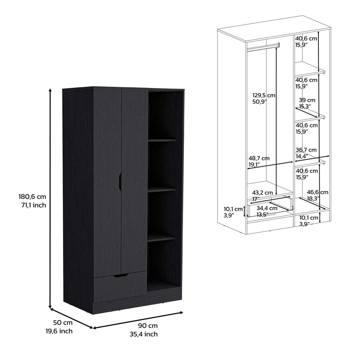 Closet Memphis Wengue 90x181cm con 1 Cajones con 3 Entrepaños - Closets | Bylmo