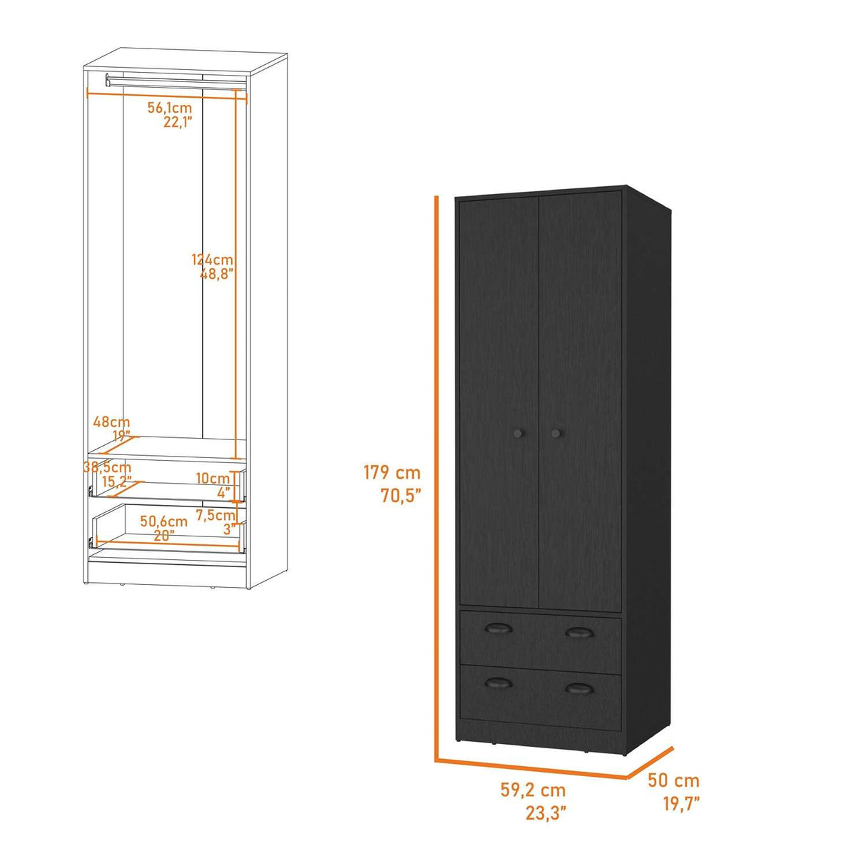 Closet Wengue 59x179cm con 2 Cajones sin Entrepaños y Dos puertas - Closets | Bylmo