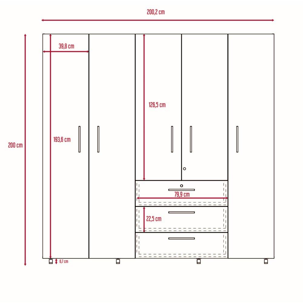 Closet Serrat Rovere 200 cm con Cinco Puertas y Tres Cajones - Closets | Bylmo