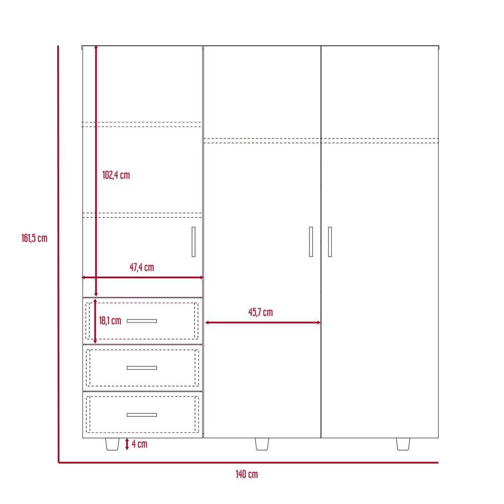 Closet Venecia Wengue 140 cm con Tres Puertas y Tres Cajones - Closets | Bylmo