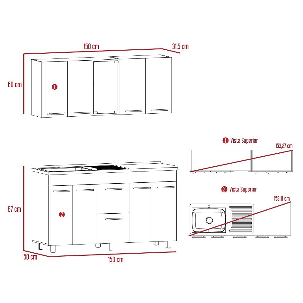 Cocina Boston Plus Bellota y Blanco 150 cm Izquierda con Mesón - Cocinas | Bylmo