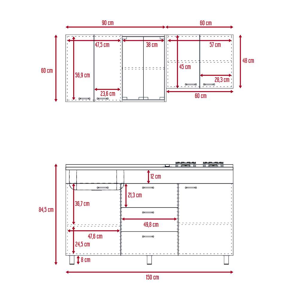 Cocina Lumina Roble Gris 150 cm Izquierda con Mesón - Cocinas | Bylmo