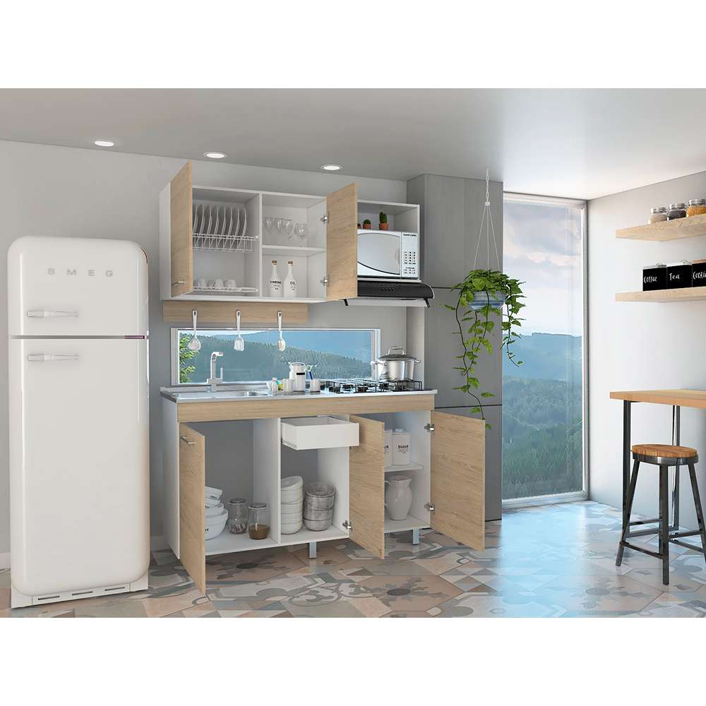 Cocina Miro Rovere y Blanco 150x90cm sin Mesón y sin Estufa