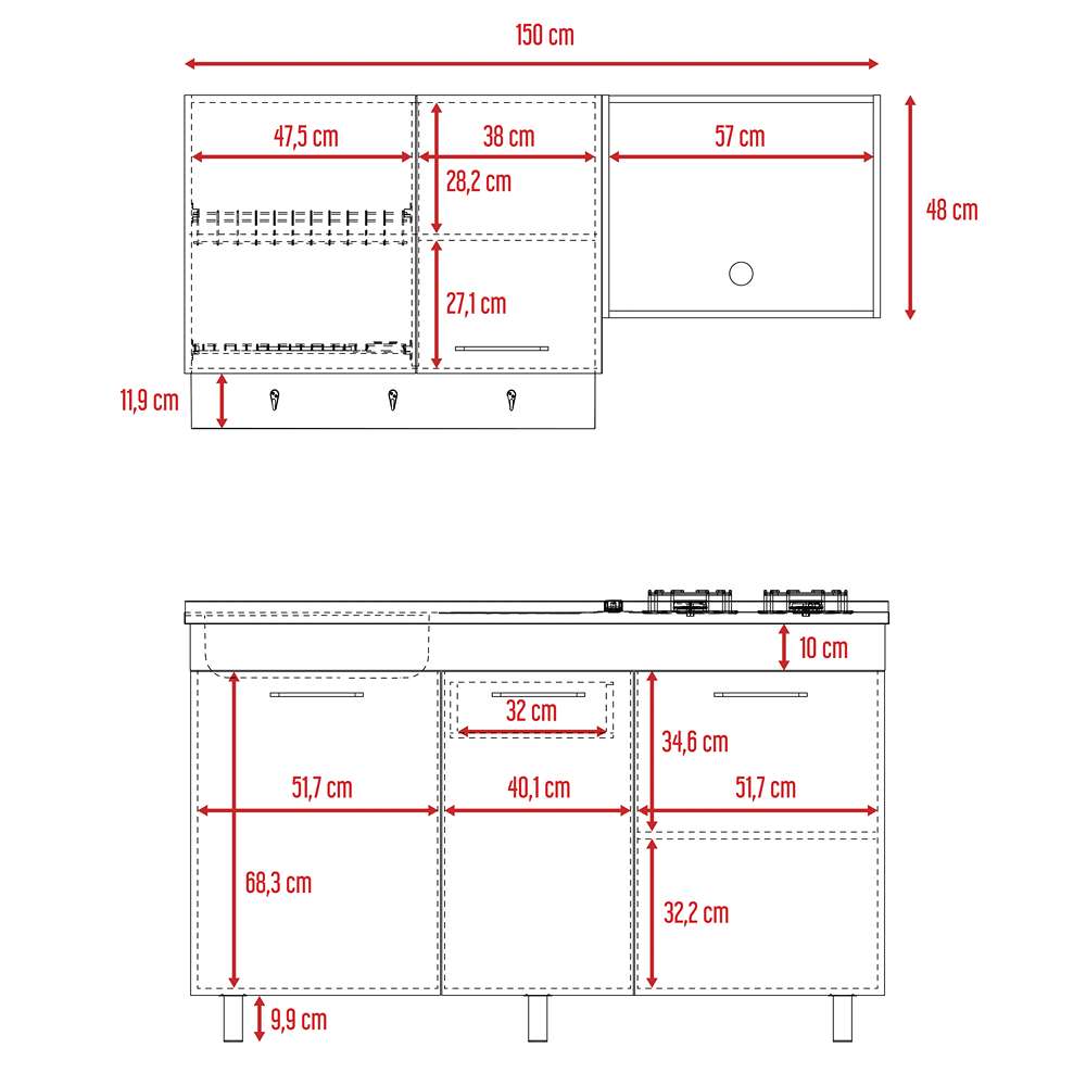 Cocina Miro Rovere y Blanco 150x90cm sin Mesón y sin Estufa