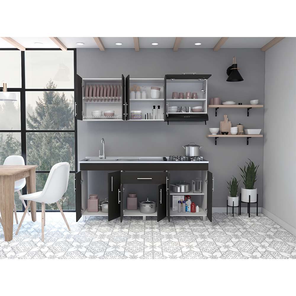 Cocina Mariana Wengue y Blanco 180 cm Izquierda con Mesón - Cocinas | Bylmo