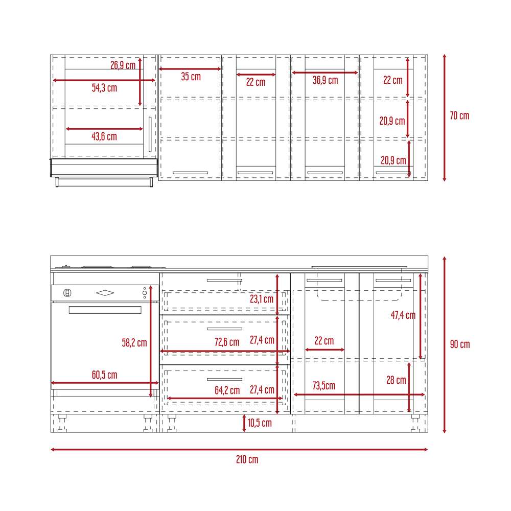 Cocina Solna Rovere 210 cm con Mesón, Campana y Horno - Cocinas | Bylmo