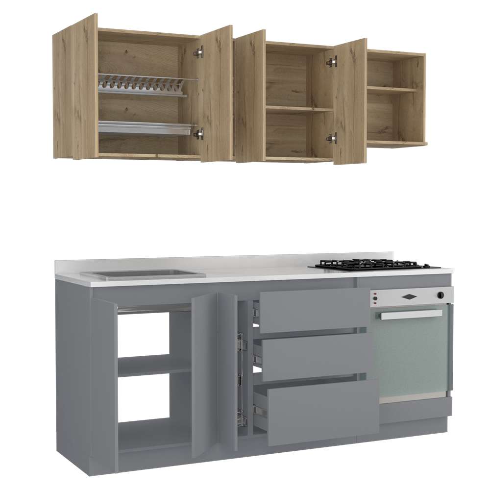 Cocina Tenerife Duna y Gris 210 cm Izquierda con Mesón y Horno - Cocinas | Bylmo