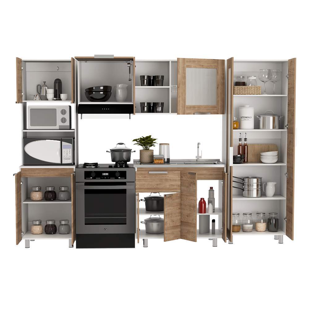Cocina Samara Blanco y Miel 290x60cm con Mesón de Acero Inoxidable Lado Derecho y sin Estufa - Cocinas | Bylmo