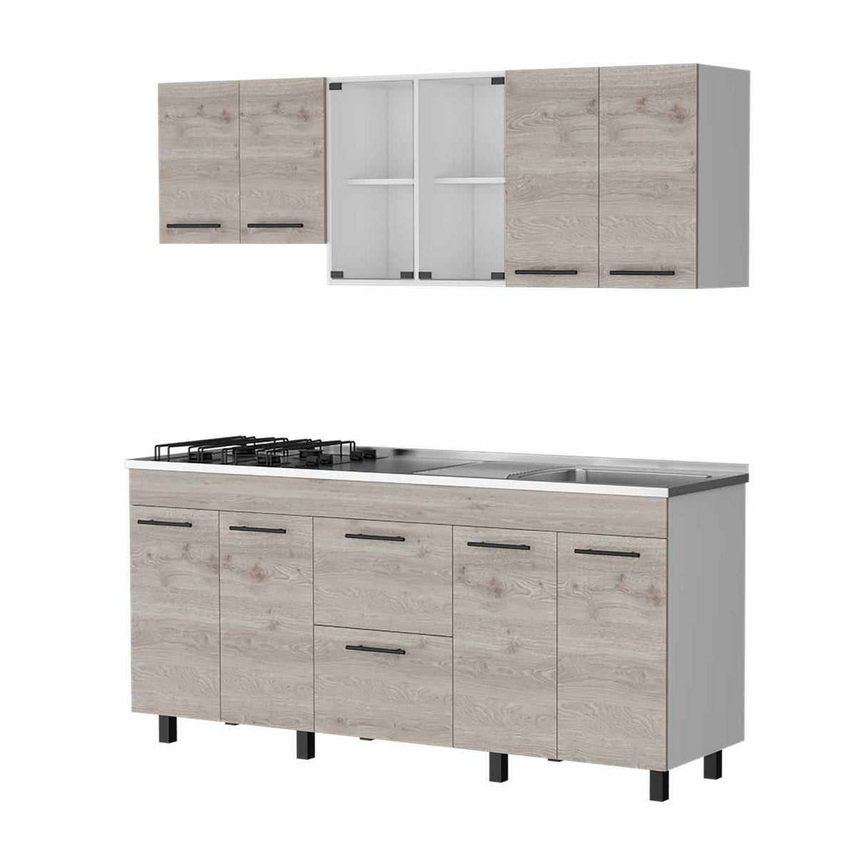 Cocina Ankara Ceniza 180x84cm con Meson de Acero Inoxidable y con Pozuelo para lado Derecha - Cocinas | Bylmo