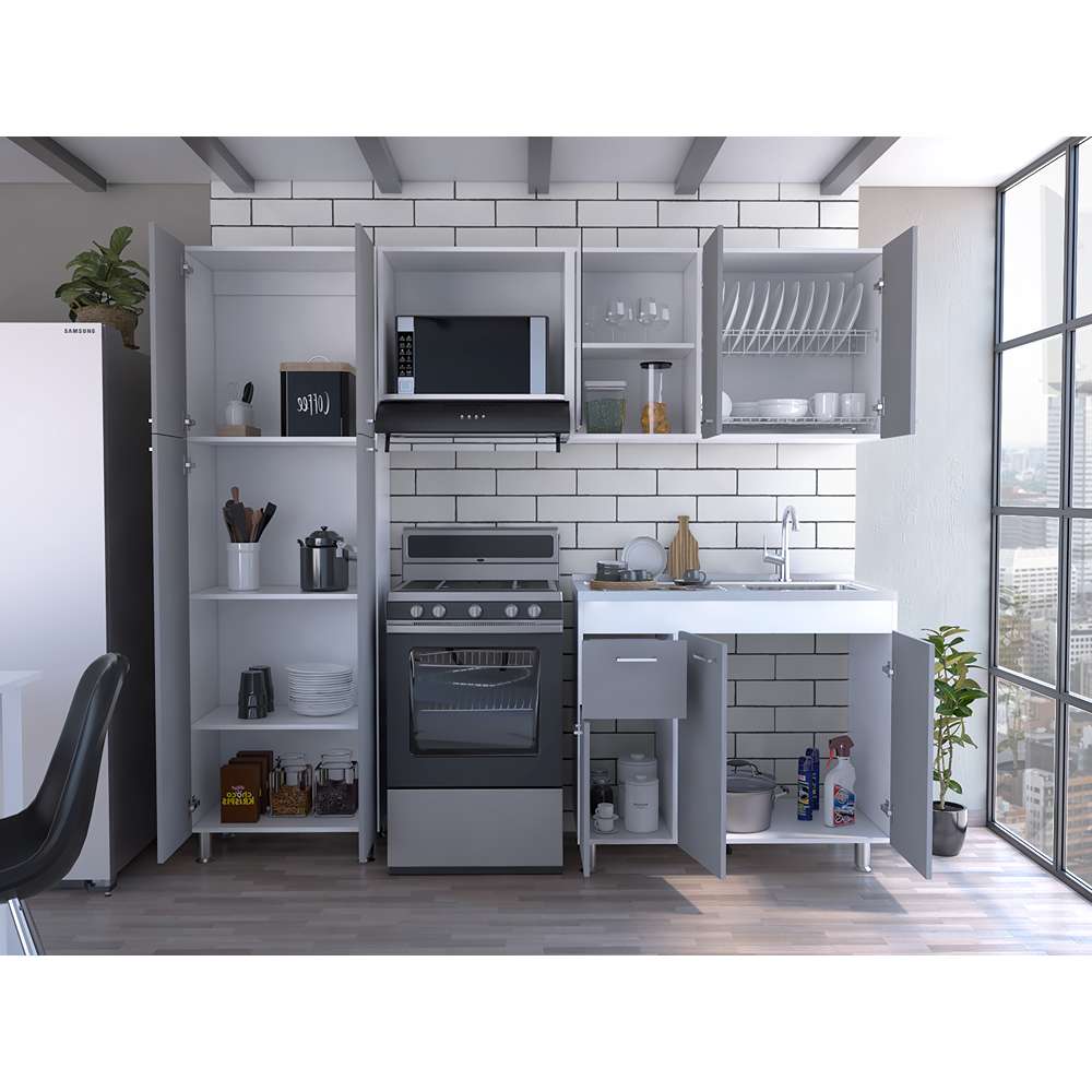 Cocina Ferreti Gris y Blanco 220 cm Derecha con Mesón - Cocinas | Bylmo