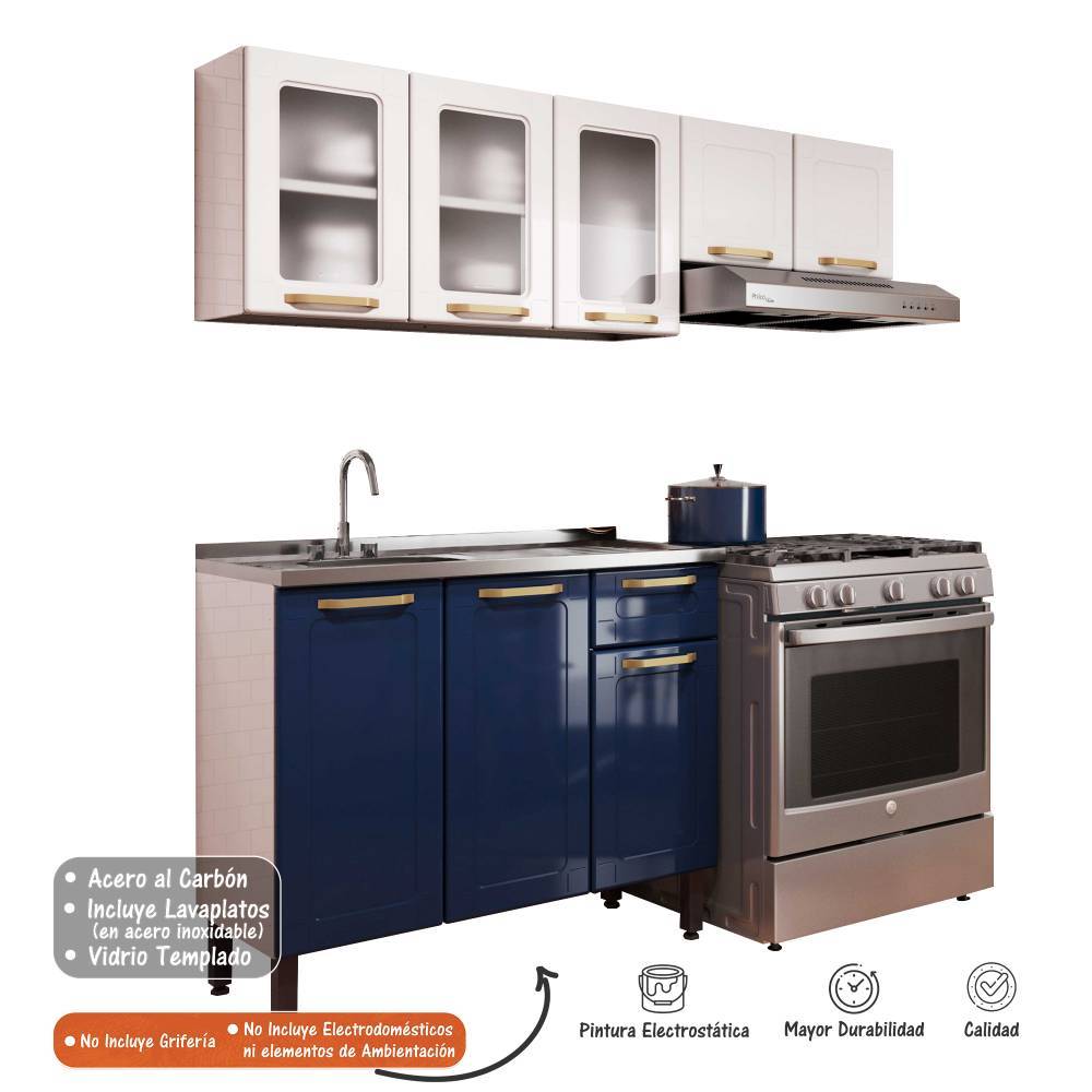 Cocina Integral Colors Blue Navy y Blanco 165 cm Izquierda con Mesón - Cocinas | Bylmo