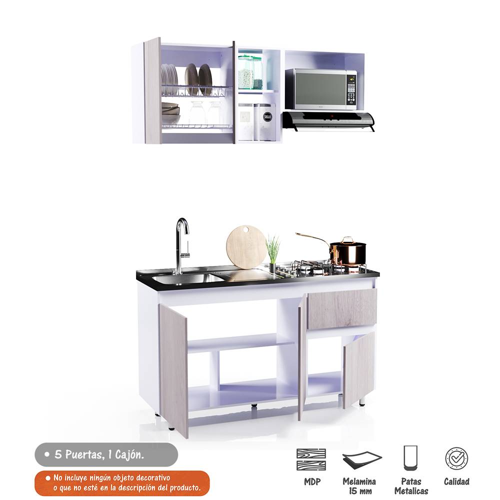 Cocina Integral Ceniza 150x191cm con Meson de Acero Inoxidable y con Pozuelo para lado Izquierda - Cocinas | Bylmo
