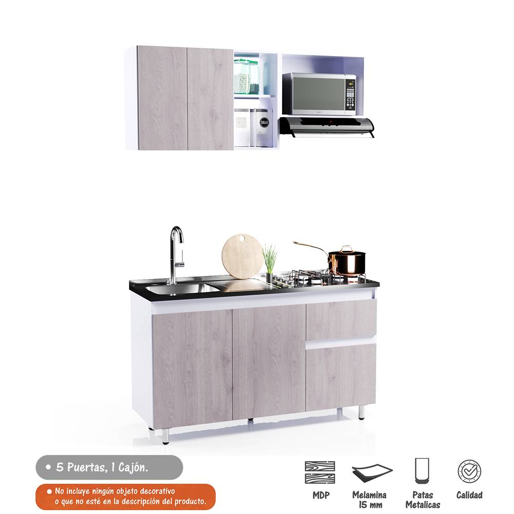 Cocina Integral Ceniza 150x191cm con Meson de Acero Inoxidable y con Pozuelo para lado Izquierda - Cocinas | Bylmo